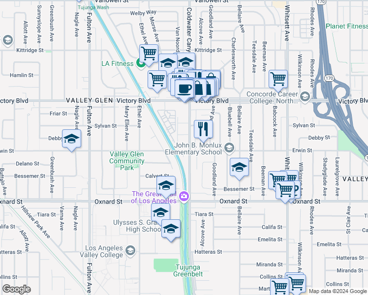 map of restaurants, bars, coffee shops, grocery stores, and more near 6201 Coldwater Canyon Avenue in Los Angeles