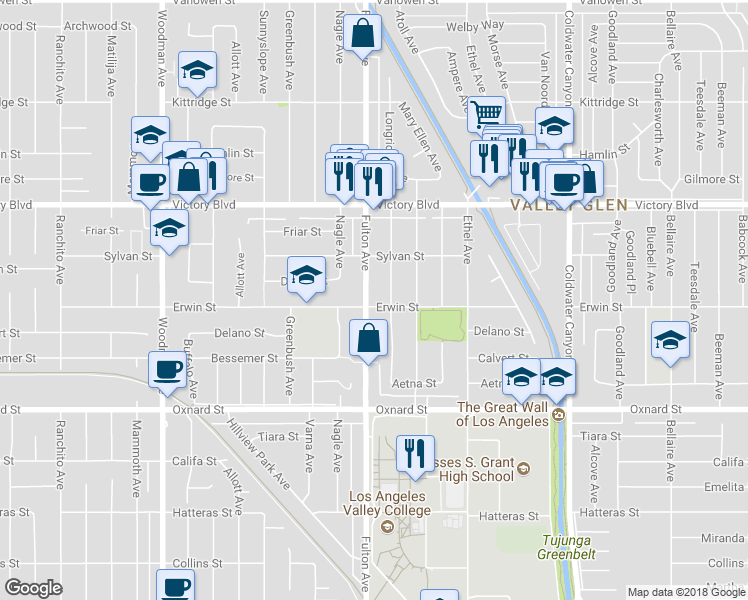 map of restaurants, bars, coffee shops, grocery stores, and more near 6212 Fulton Avenue in Los Angeles