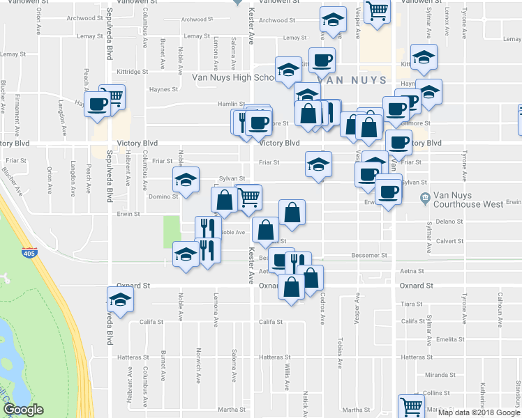 map of restaurants, bars, coffee shops, grocery stores, and more near 14828 Erwin Street in Los Angeles