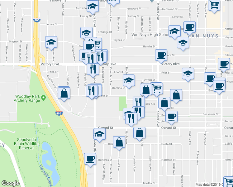 map of restaurants, bars, coffee shops, grocery stores, and more near 15112 Domino Street in Los Angeles