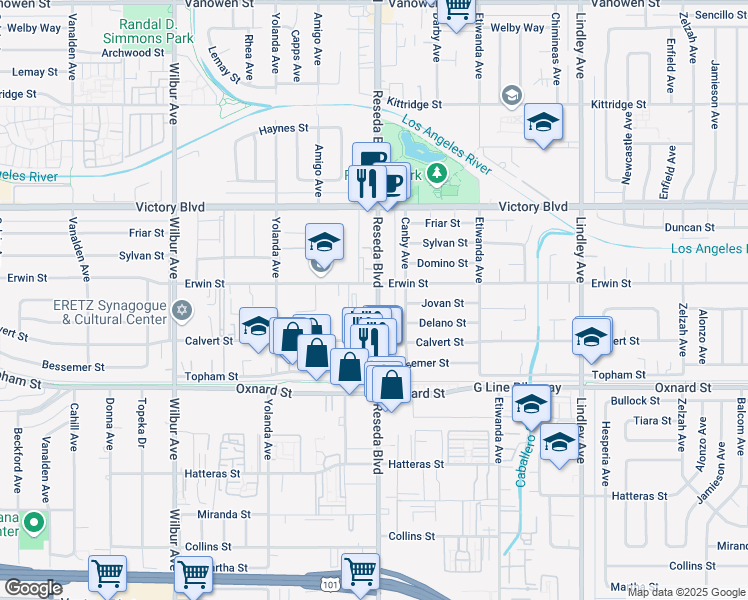 map of restaurants, bars, coffee shops, grocery stores, and more near 6230 Reseda Boulevard in Los Angeles