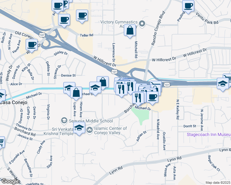 map of restaurants, bars, coffee shops, grocery stores, and more near 2405 Michael Drive in Thousand Oaks