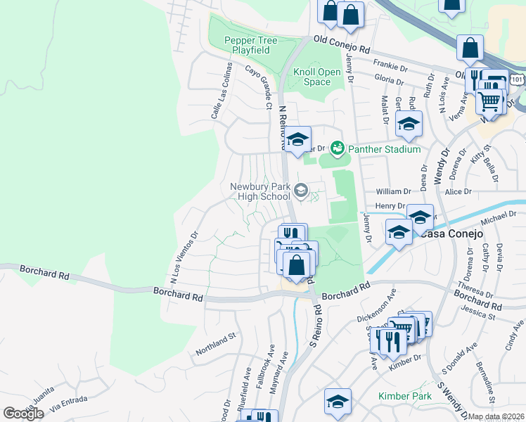 map of restaurants, bars, coffee shops, grocery stores, and more near 526 Martinique Place in Thousand Oaks