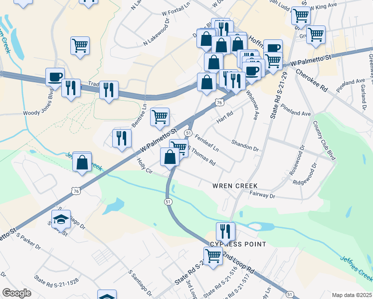map of restaurants, bars, coffee shops, grocery stores, and more near 2200 West Driftwood Avenue in Florence