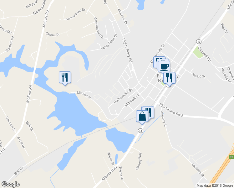 map of restaurants, bars, coffee shops, grocery stores, and more near 6525 Mallard Cove Lane in Flowery Branch