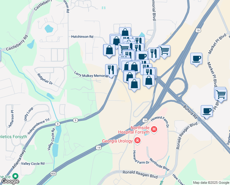 map of restaurants, bars, coffee shops, grocery stores, and more near 734 Atlanta Highway in Cumming