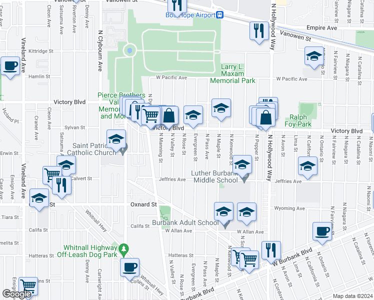 map of restaurants, bars, coffee shops, grocery stores, and more near 1910 North Rose Street in Burbank