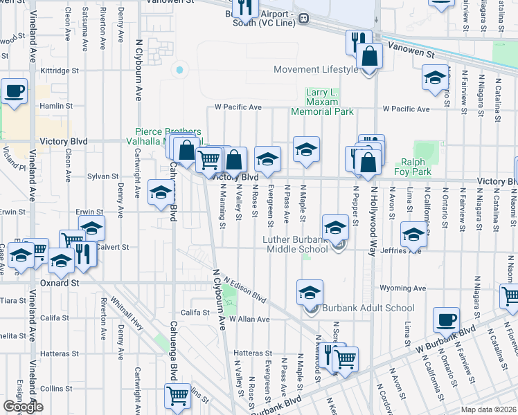 map of restaurants, bars, coffee shops, grocery stores, and more near 1910 North Rose Street in Burbank