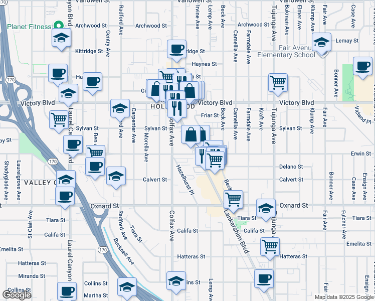 map of restaurants, bars, coffee shops, grocery stores, and more near 11661 Erwin Street in North Hollywood