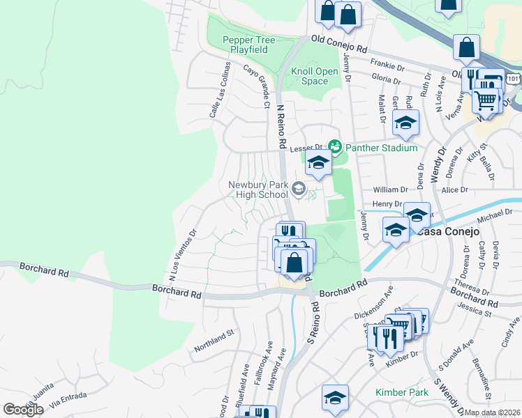 map of restaurants, bars, coffee shops, grocery stores, and more near 526 Martinique Place in Thousand Oaks