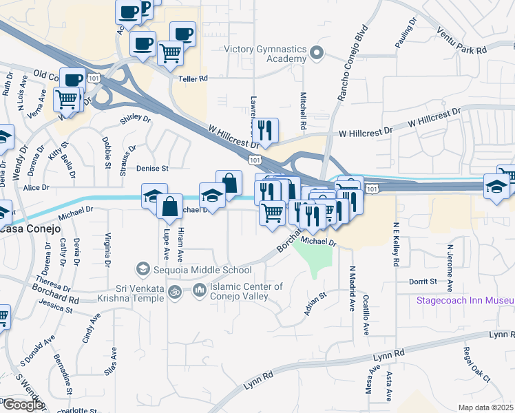 map of restaurants, bars, coffee shops, grocery stores, and more near 2405 Michael Drive in Thousand Oaks