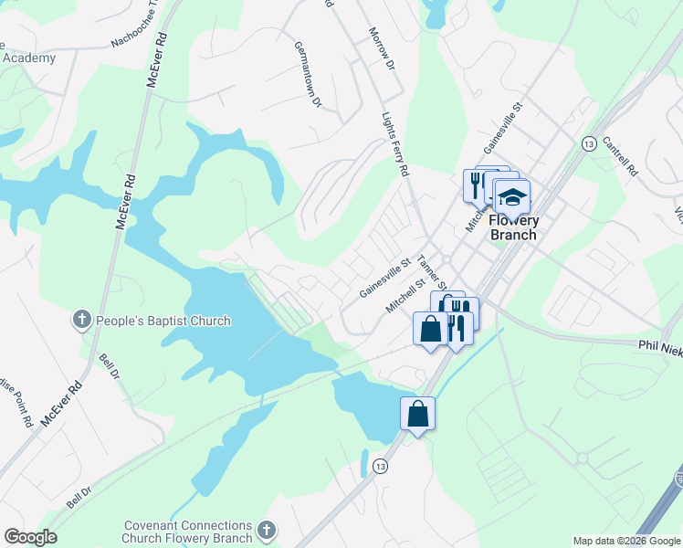 map of restaurants, bars, coffee shops, grocery stores, and more near 6491 Portside Way in Flowery Branch