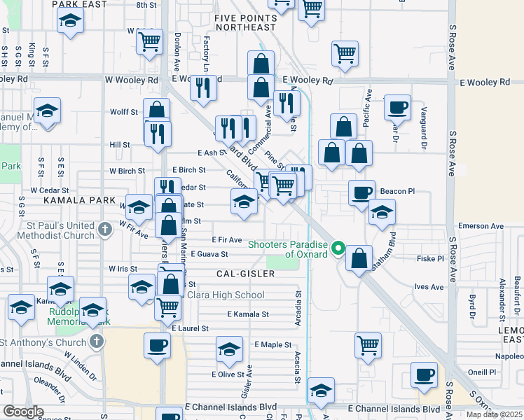 map of restaurants, bars, coffee shops, grocery stores, and more near 1605 California Street in Oxnard