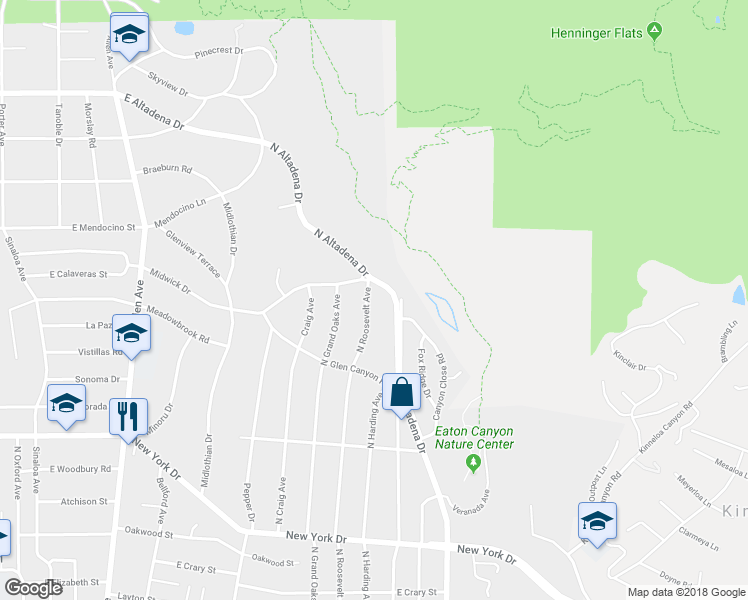 map of restaurants, bars, coffee shops, grocery stores, and more near 2176 Roosevelt Avenue in Altadena
