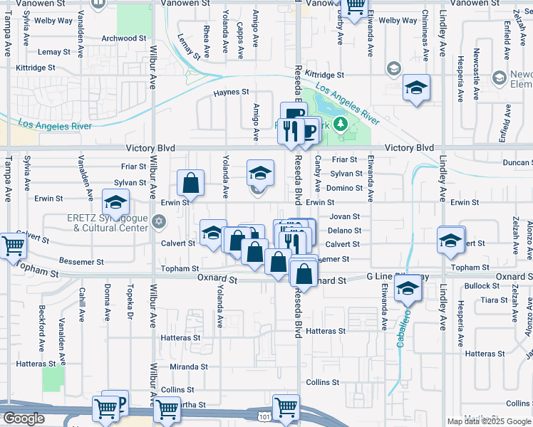 map of restaurants, bars, coffee shops, grocery stores, and more near 6238 Baird Avenue in Los Angeles