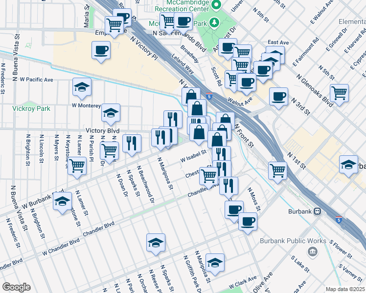 map of restaurants, bars, coffee shops, grocery stores, and more near 1008 West Burbank Boulevard in Burbank