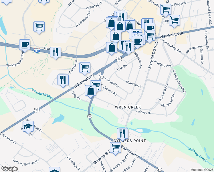 map of restaurants, bars, coffee shops, grocery stores, and more near 414 S Thomas Rd in Florence