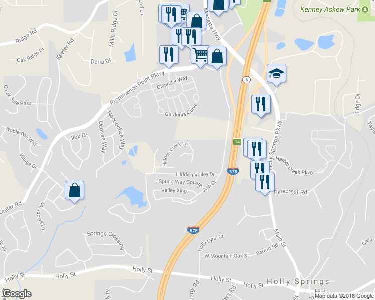 map of restaurants, bars, coffee shops, grocery stores, and more near 348 Hidden Creek Lane in Canton