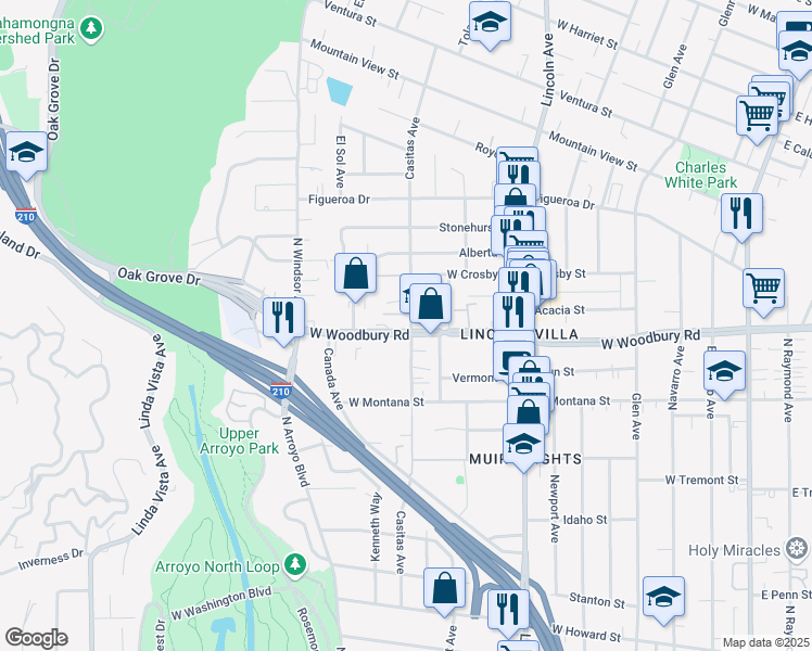 map of restaurants, bars, coffee shops, grocery stores, and more near 2195 Casitas Avenue in Altadena