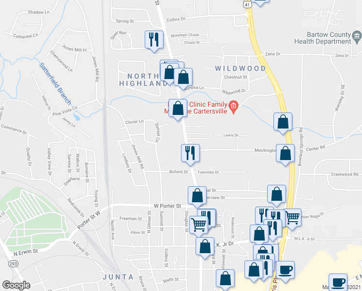 map of restaurants, bars, coffee shops, grocery stores, and more near 904 North Tennessee Street in Cartersville