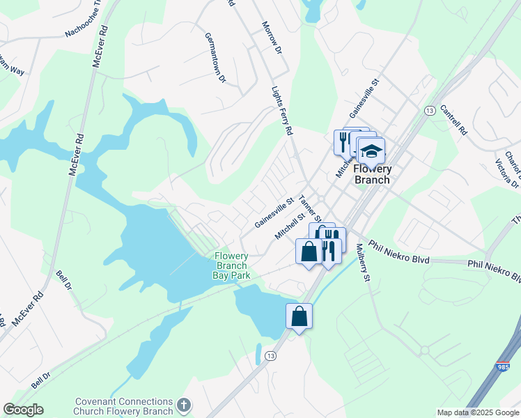 map of restaurants, bars, coffee shops, grocery stores, and more near 6525 Mallard Cove Lane in Flowery Branch