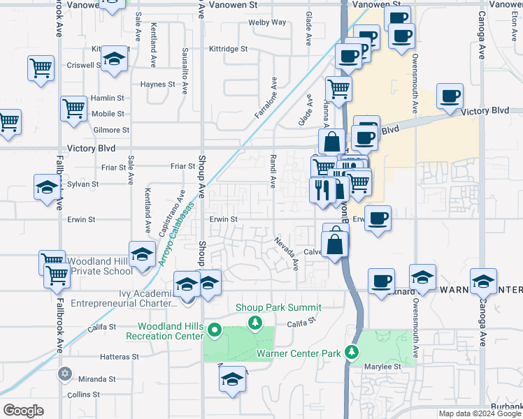 map of restaurants, bars, coffee shops, grocery stores, and more near 22221 Erwin Street in Los Angeles
