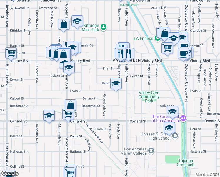 map of restaurants, bars, coffee shops, grocery stores, and more near 13411 Erwin Street in Los Angeles