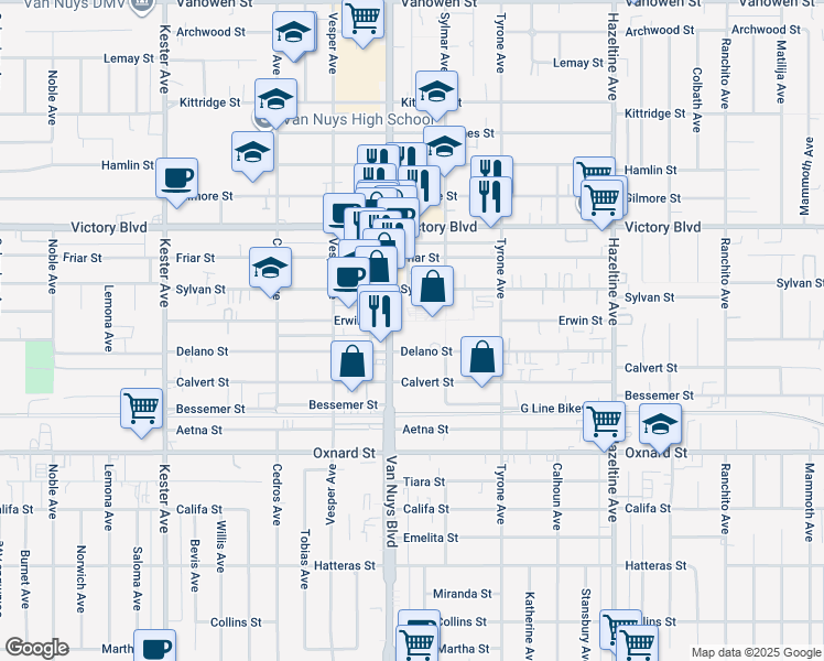 map of restaurants, bars, coffee shops, grocery stores, and more near 6230 Van Nuys Boulevard in Los Angeles