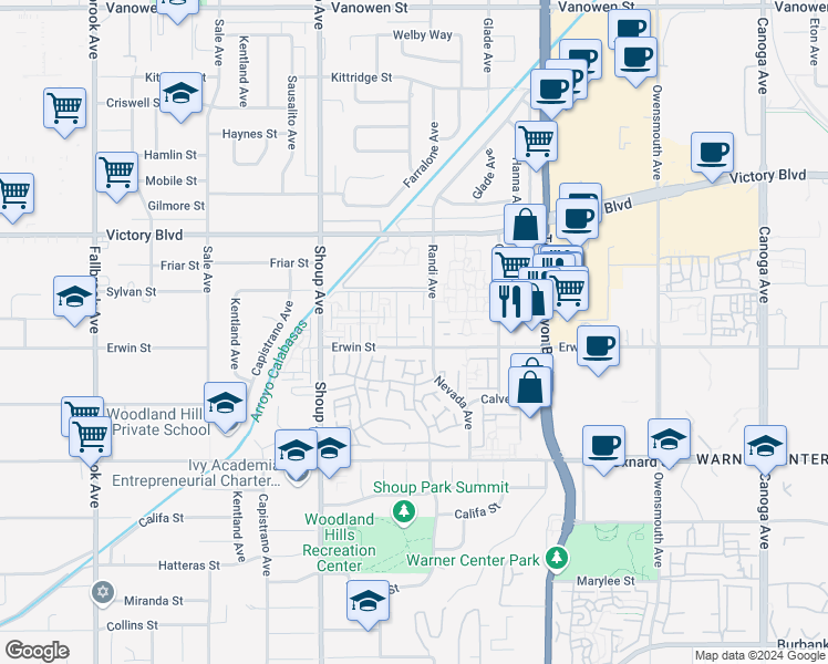 map of restaurants, bars, coffee shops, grocery stores, and more near 22221 Erwin Street in Los Angeles