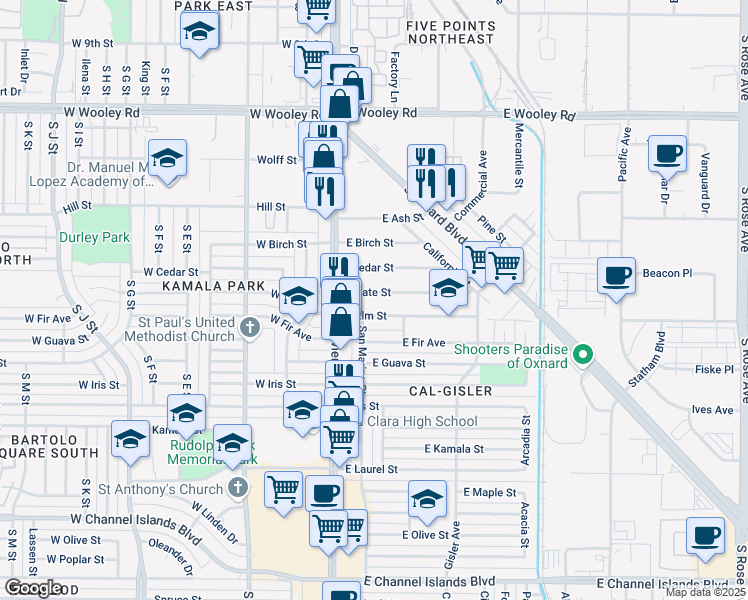 map of restaurants, bars, coffee shops, grocery stores, and more near 206 East Date Street in Oxnard