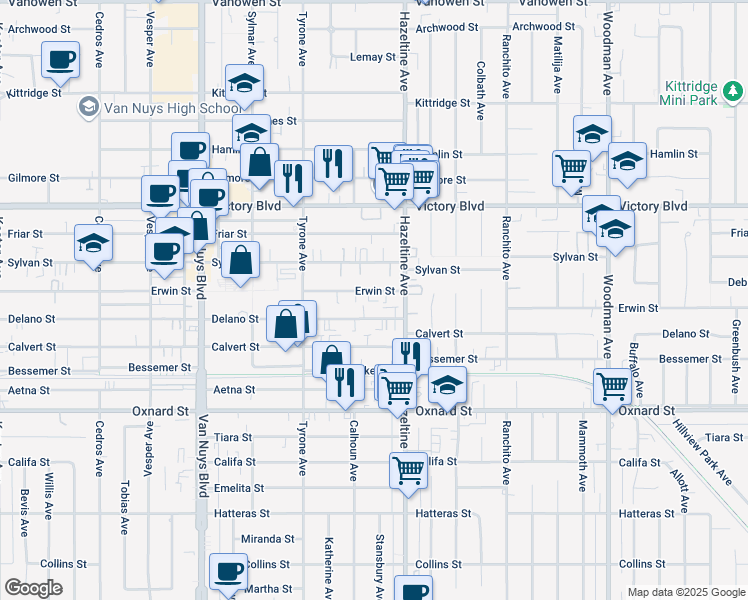 map of restaurants, bars, coffee shops, grocery stores, and more near 14134 Erwin Street in Los Angeles