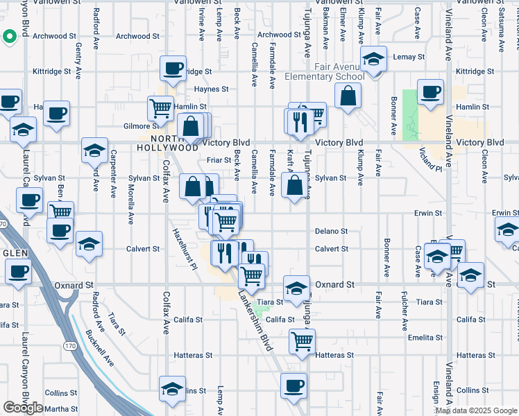 map of restaurants, bars, coffee shops, grocery stores, and more near 6206 Camellia Avenue in Los Angeles