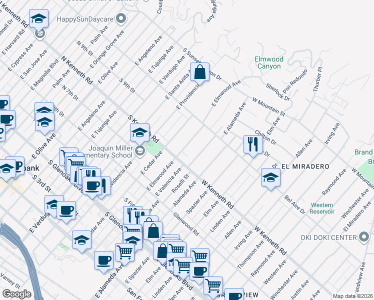 map of restaurants, bars, coffee shops, grocery stores, and more near 826 East Elmwood Avenue in Burbank