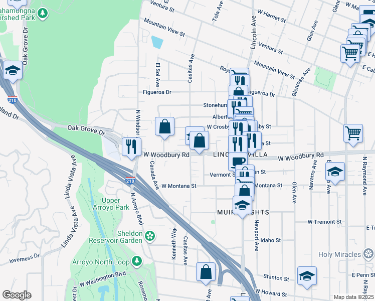 map of restaurants, bars, coffee shops, grocery stores, and more near 2195 Casitas Avenue in Altadena