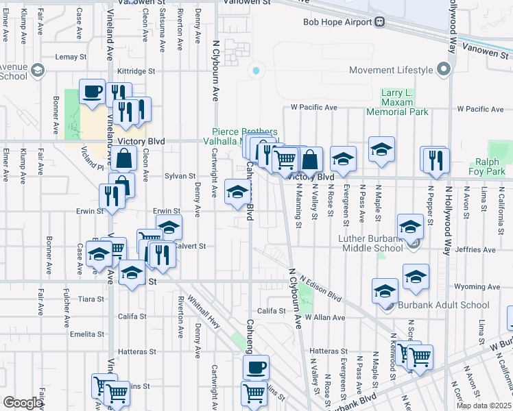 map of restaurants, bars, coffee shops, grocery stores, and more near 6206 Cahuenga Boulevard in Los Angeles