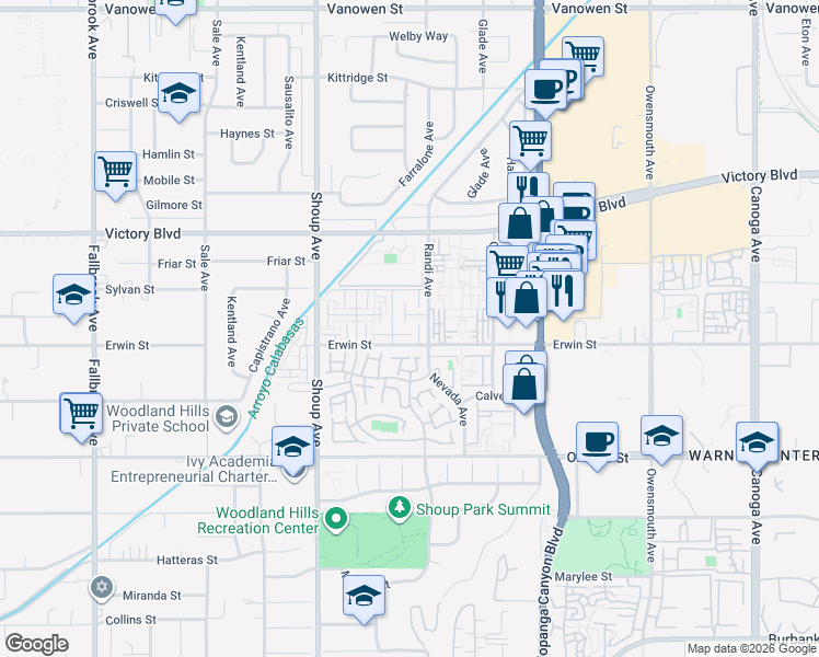 map of restaurants, bars, coffee shops, grocery stores, and more near 2 Erwin Street in Los Angeles