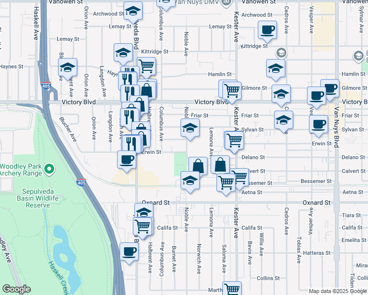 map of restaurants, bars, coffee shops, grocery stores, and more near 15112 Domino Street in Los Angeles