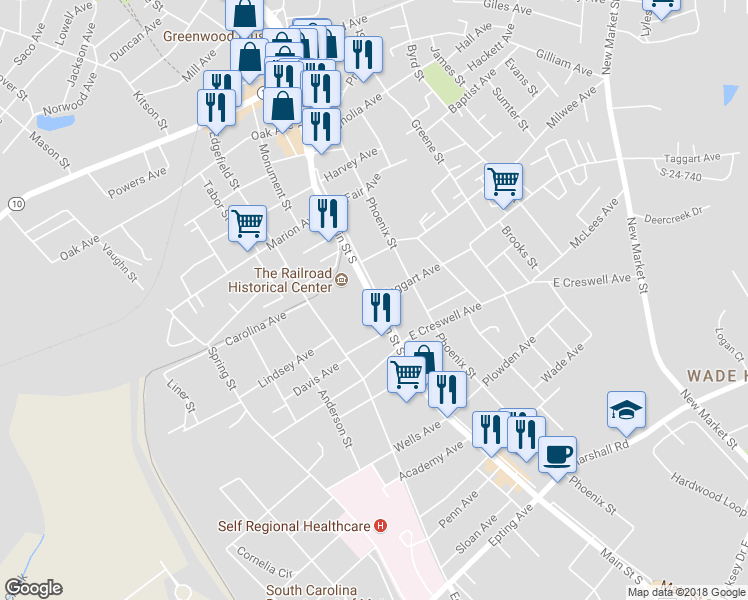 map of restaurants, bars, coffee shops, grocery stores, and more near 940 Main Street South in Greenwood