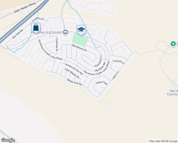 map of restaurants, bars, coffee shops, grocery stores, and more near 3910 Obsidian Road in San Bernardino