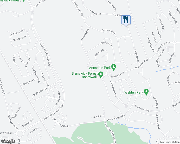 map of restaurants, bars, coffee shops, grocery stores, and more near 1018 Bellerby Cove in Leland