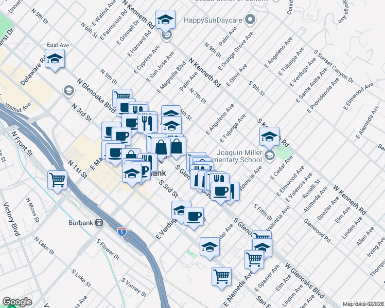 map of restaurants, bars, coffee shops, grocery stores, and more near 470 East Angeleno Avenue in Burbank