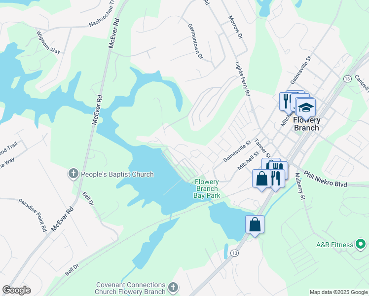 map of restaurants, bars, coffee shops, grocery stores, and more near 6249 Jones Road in Flowery Branch