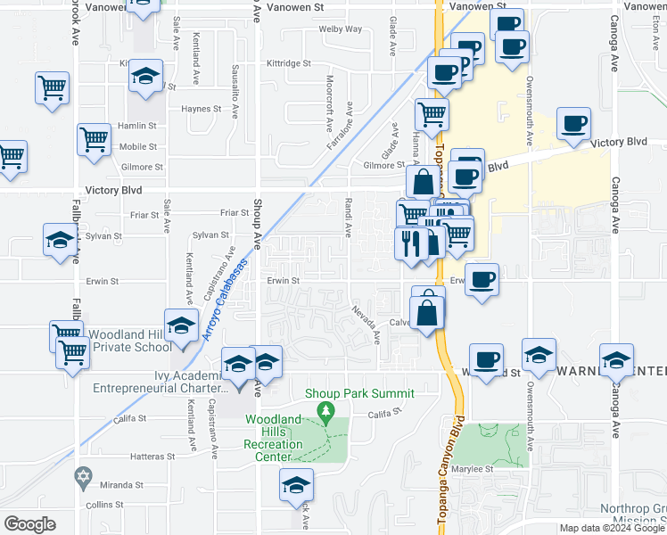 map of restaurants, bars, coffee shops, grocery stores, and more near Randi Avenue in Los Angeles