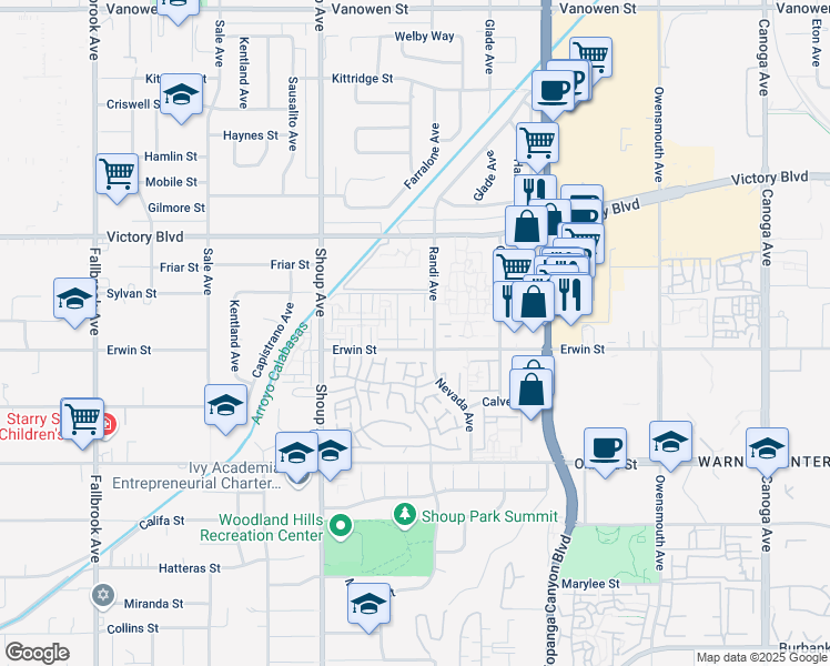 map of restaurants, bars, coffee shops, grocery stores, and more near 23113 Erwin Street in Los Angeles