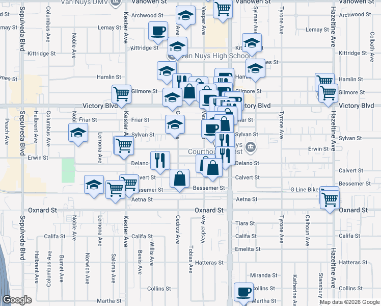 map of restaurants, bars, coffee shops, grocery stores, and more near 14632 Erwin Street in Los Angeles