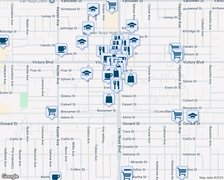 map of restaurants, bars, coffee shops, grocery stores, and more near 14526 Erwin Street in Los Angeles