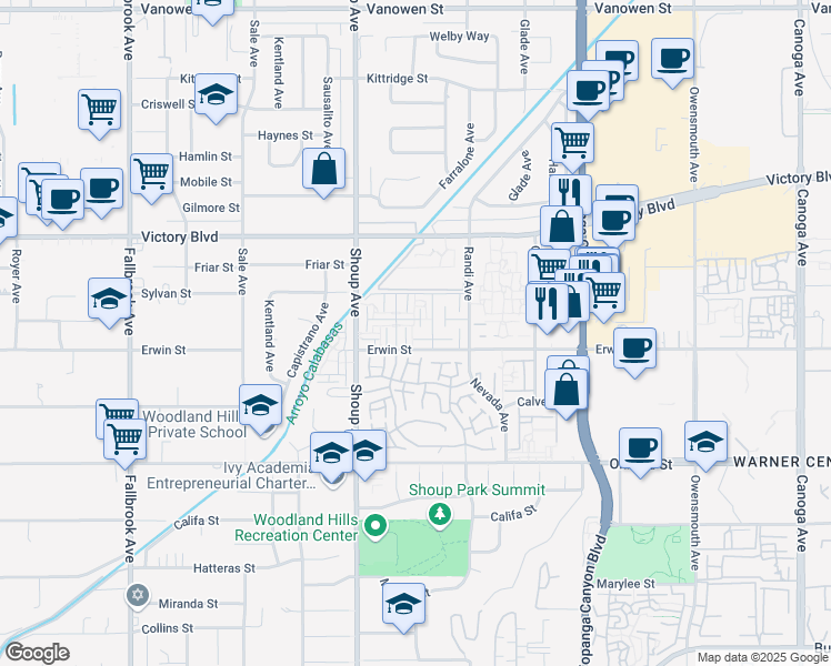 map of restaurants, bars, coffee shops, grocery stores, and more near 22261 1/4 Erwin Street in Los Angeles