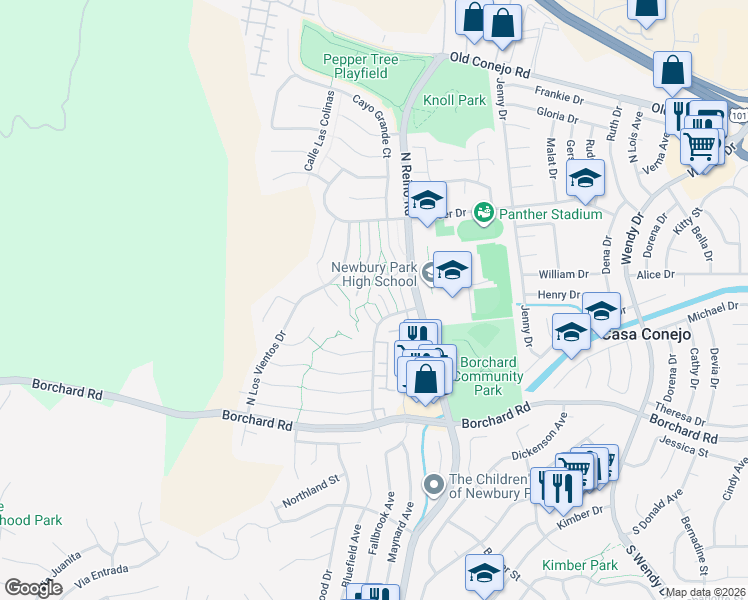 map of restaurants, bars, coffee shops, grocery stores, and more near 447 Anacapa Circle in Thousand Oaks