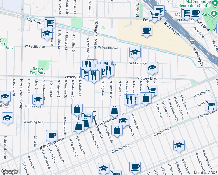 map of restaurants, bars, coffee shops, grocery stores, and more near 1421 North Lincoln Street in Burbank
