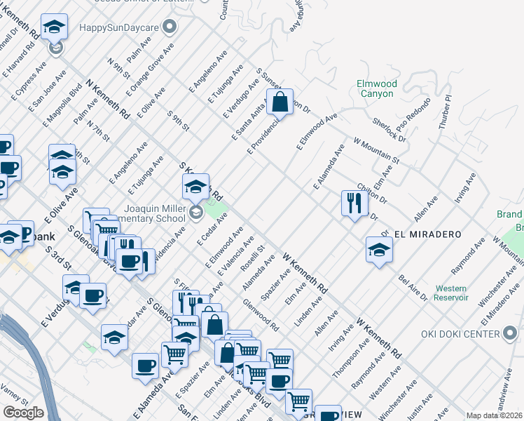 map of restaurants, bars, coffee shops, grocery stores, and more near 826 East Elmwood Avenue in Burbank